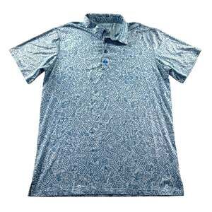 Pins & Aces Golf Polo Shirt Mens L Doodle Pattern Blue Short Sleeve Performance
